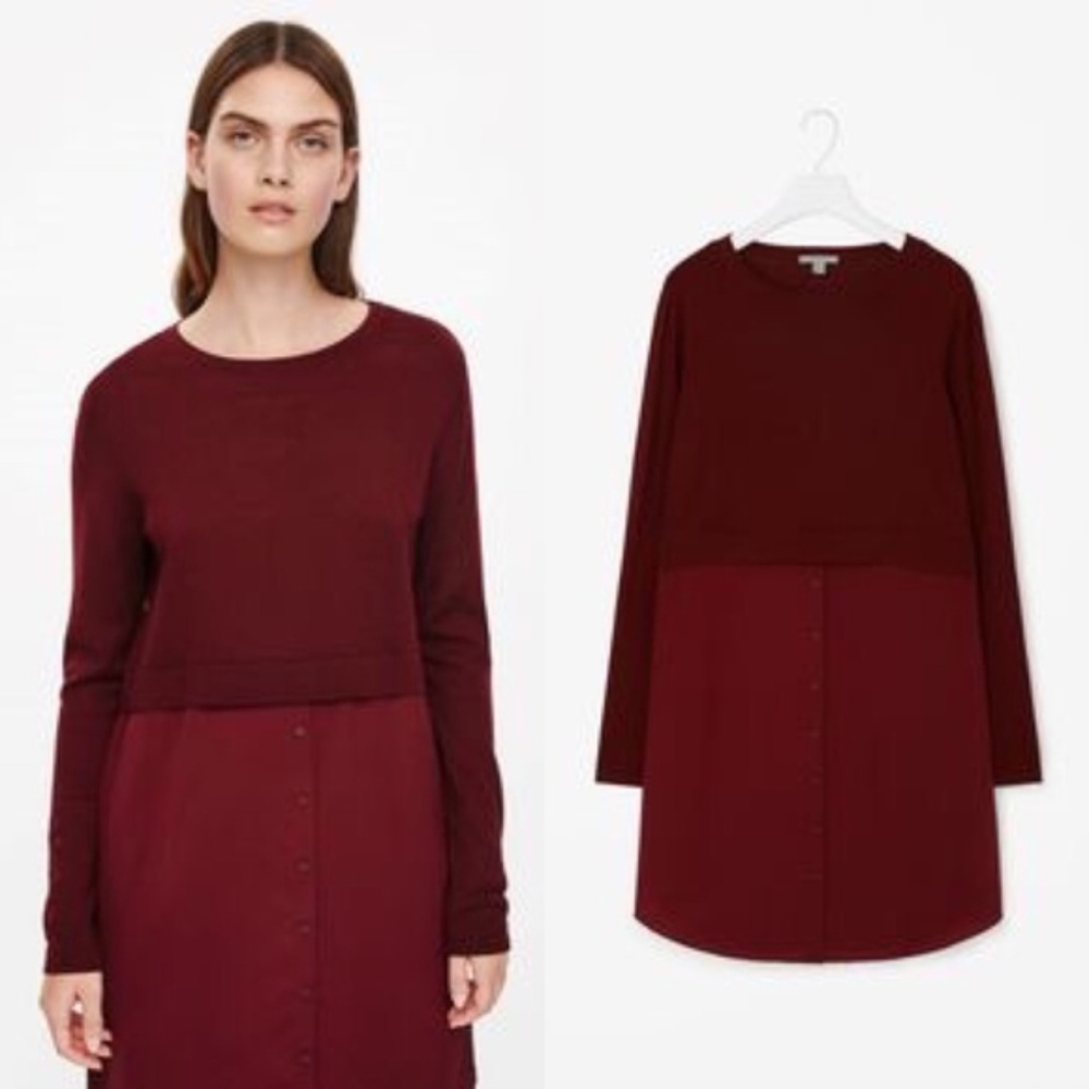 COS Merino Wool and Silk Shirttail Dress in Cabernet SIZE S
